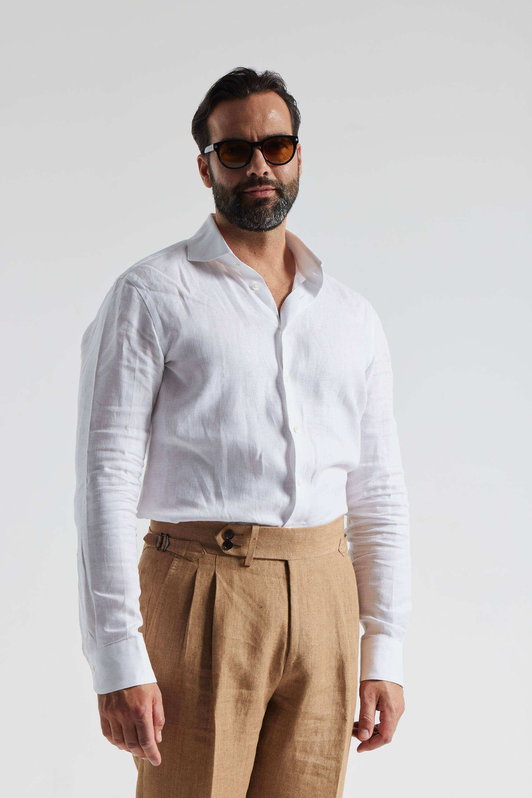 White linen shirt with cutaway collar Albini
