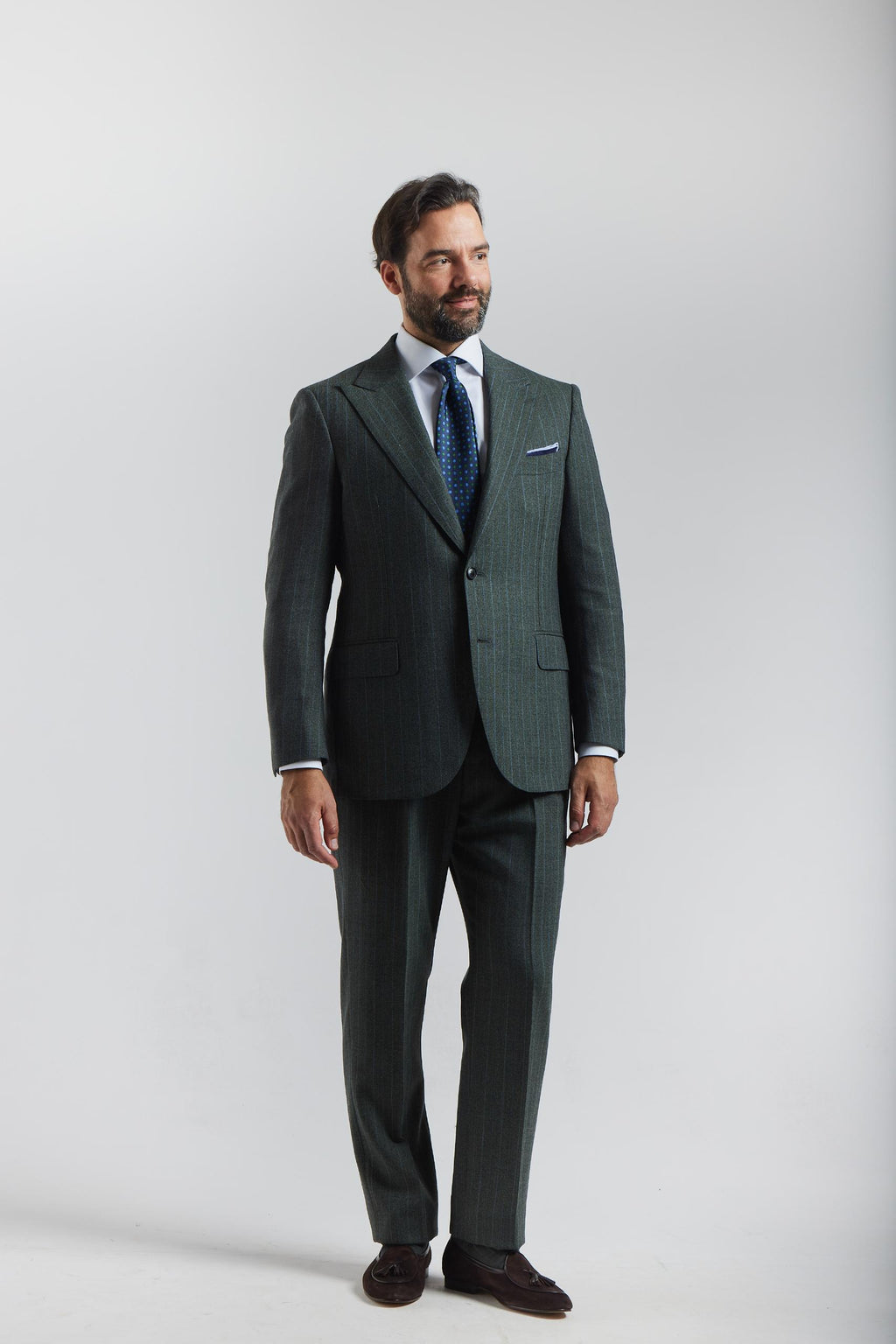 Oblek London Marling &amp; Evans s šedými/zelenými pruhmi 