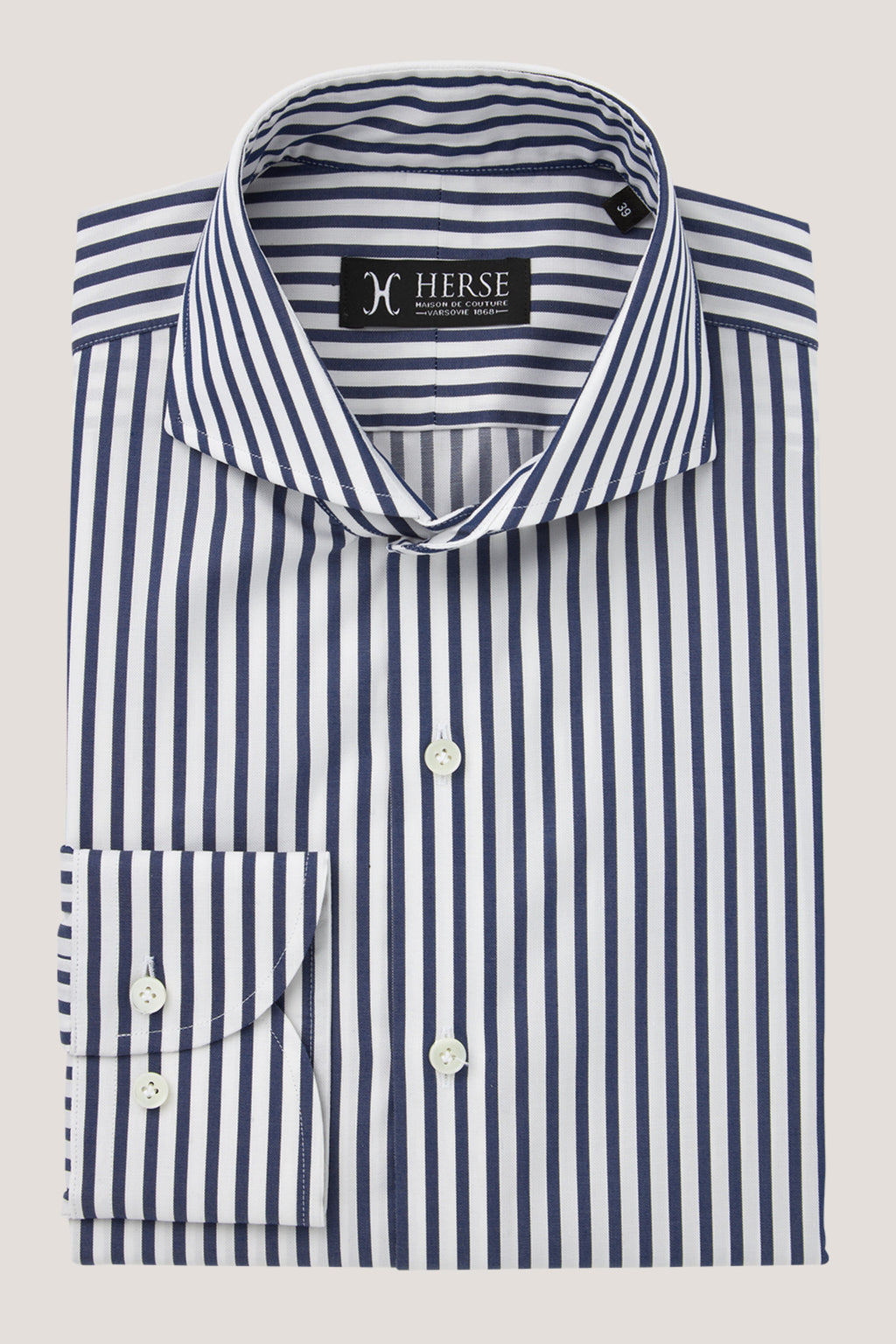 Navy blue striped shirt with spread collar
