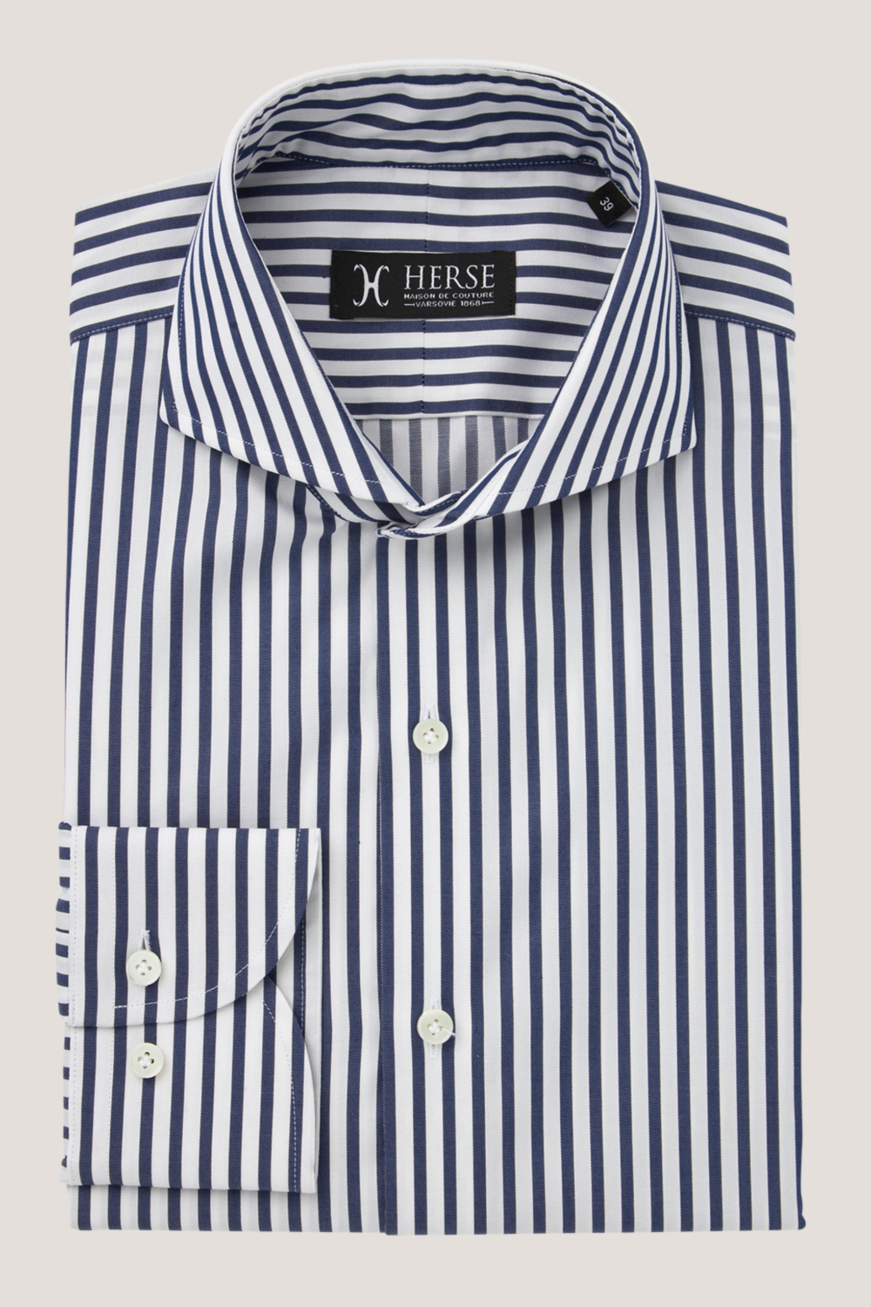 Navy blue striped shirt with spread collar