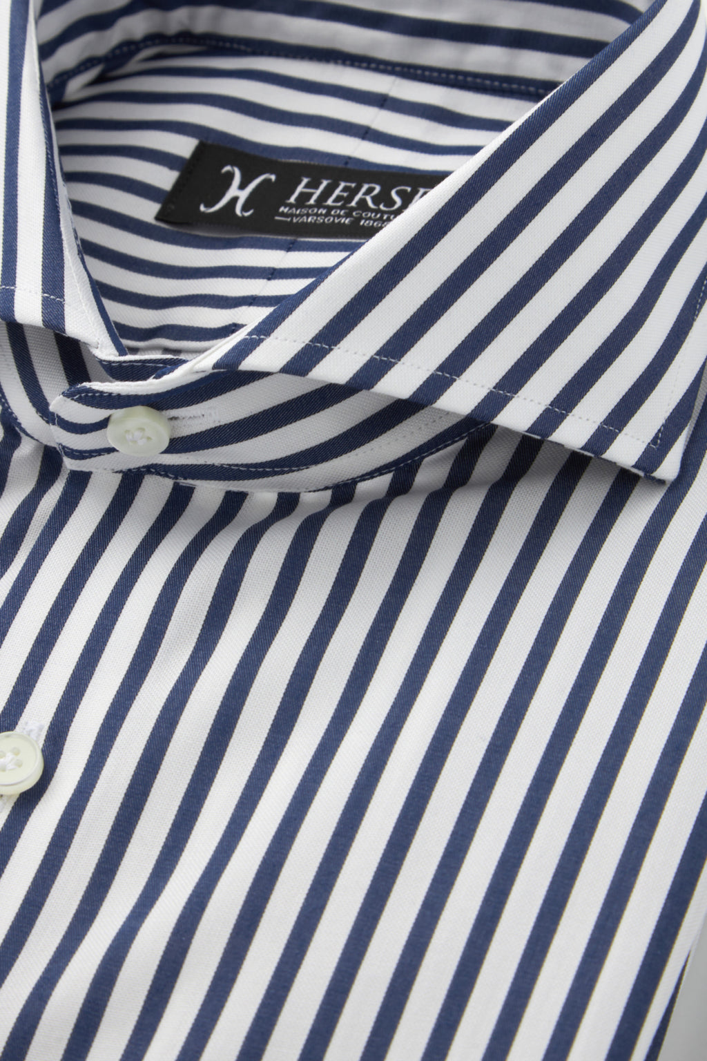 Navy blue striped shirt with spread collar