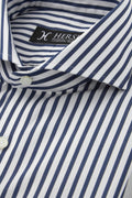 Navy blue striped shirt with spread collar