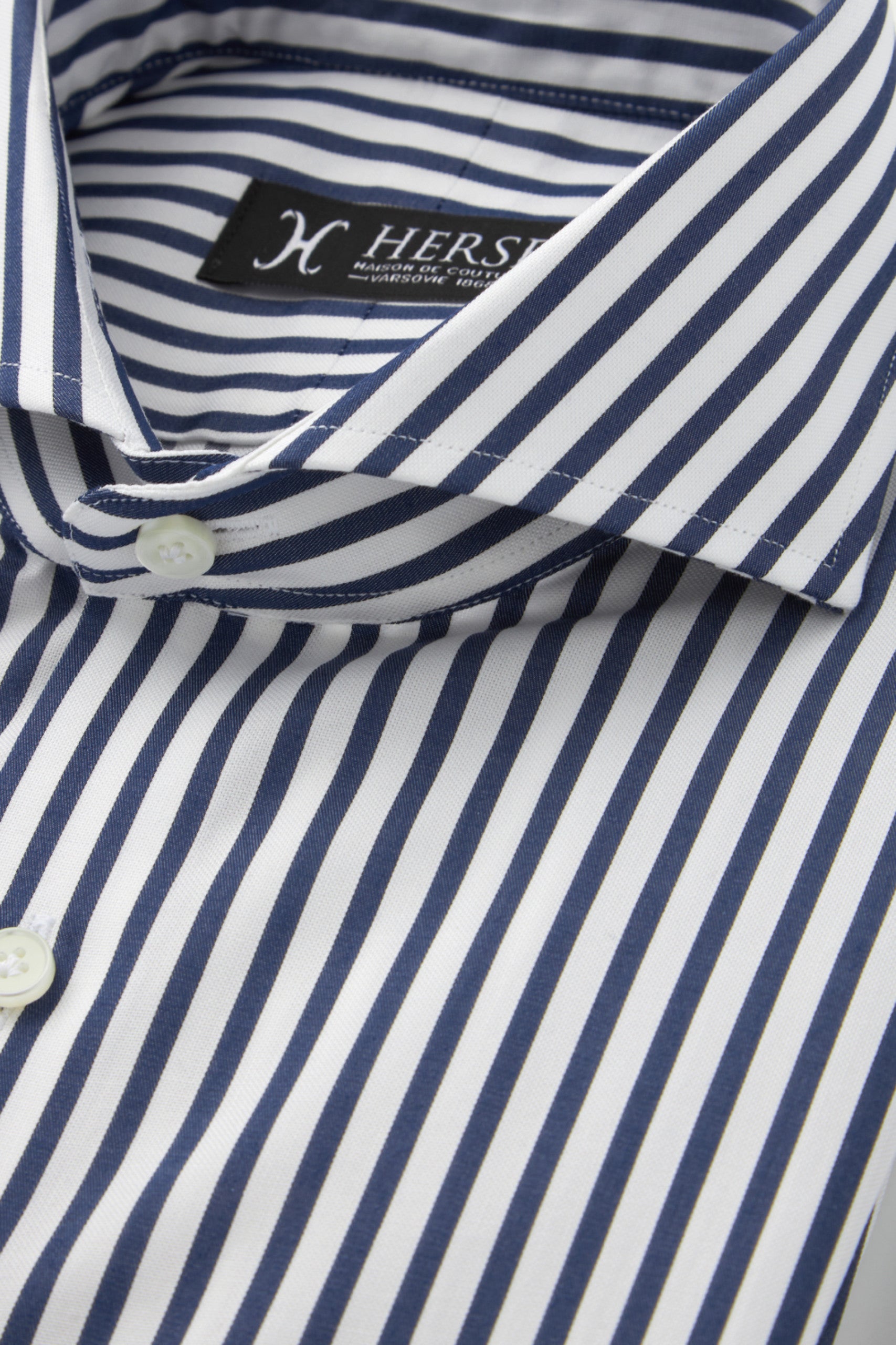 Navy blue striped shirt with spread collar