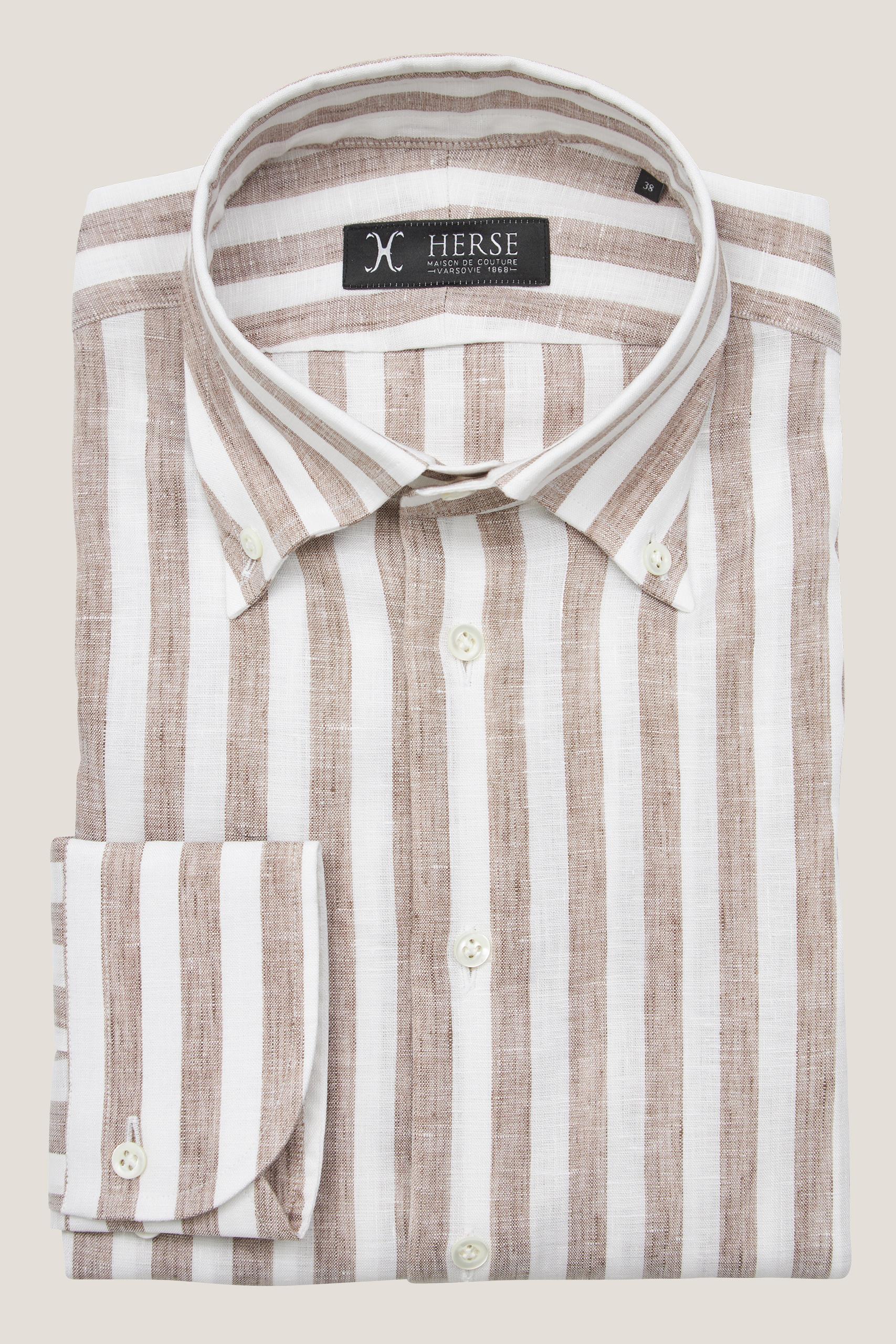 Brown linen pinstripe shirt with button down collar Albini