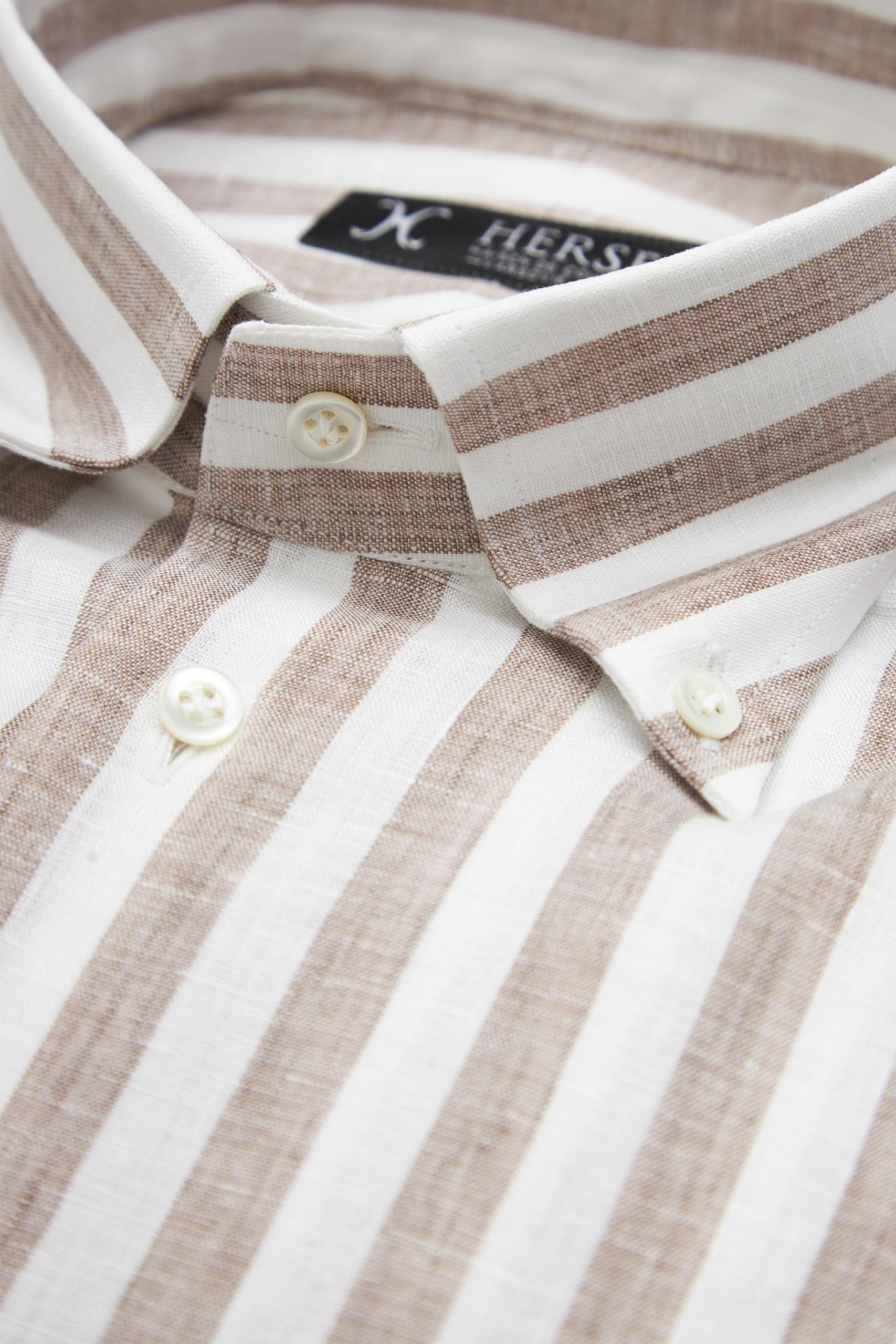 Brown linen pinstripe shirt with button down collar Albini