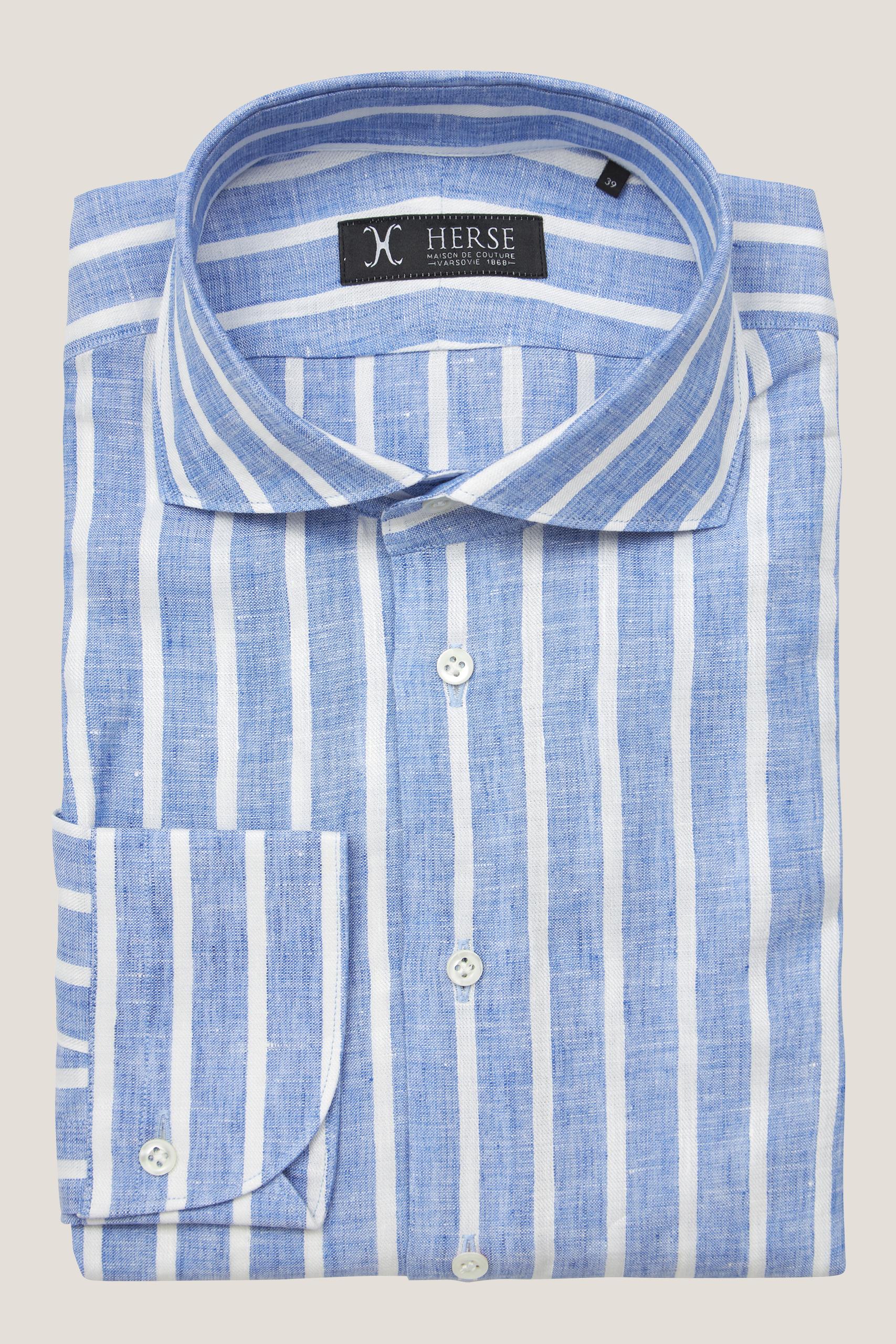 Blue linen pinstripe shirt with cut away collar Albini
